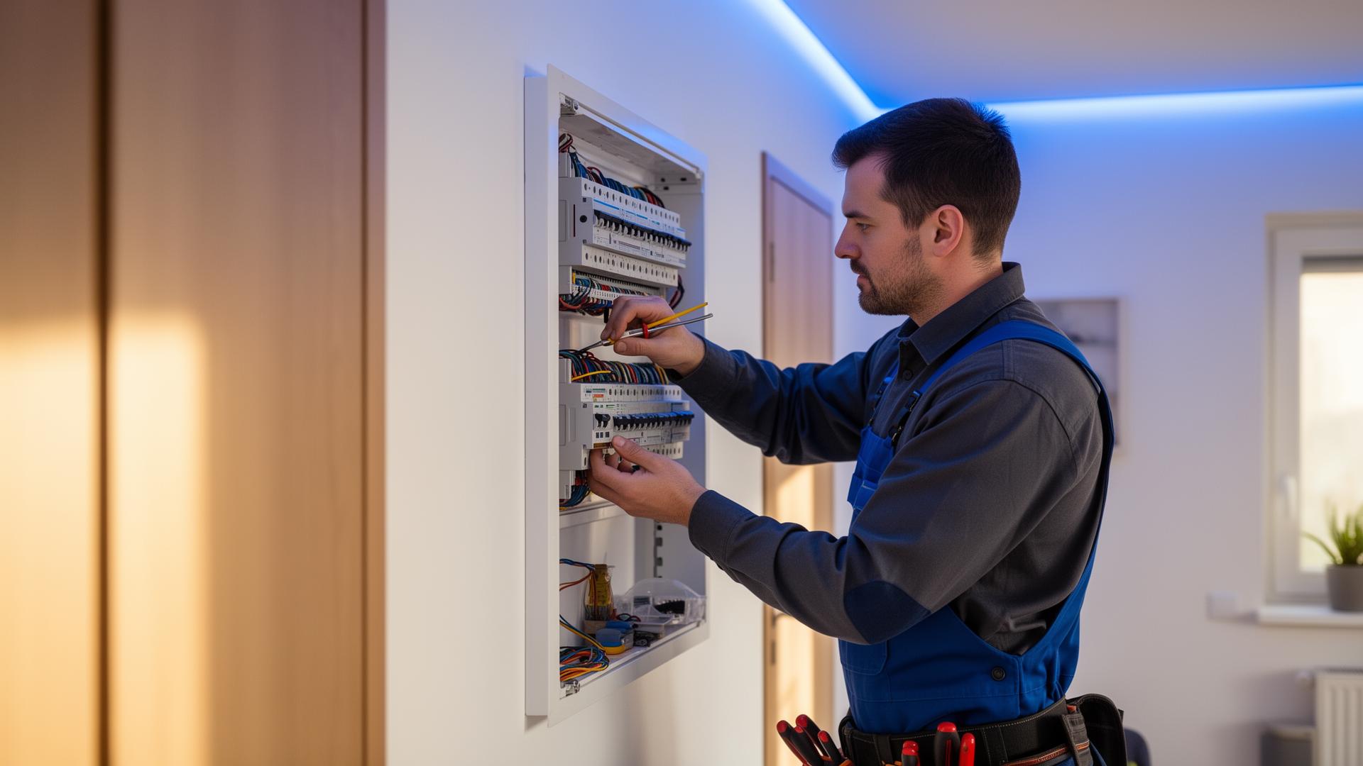 Elektrikář Tomáš Kurel při instalaci rozvaděče